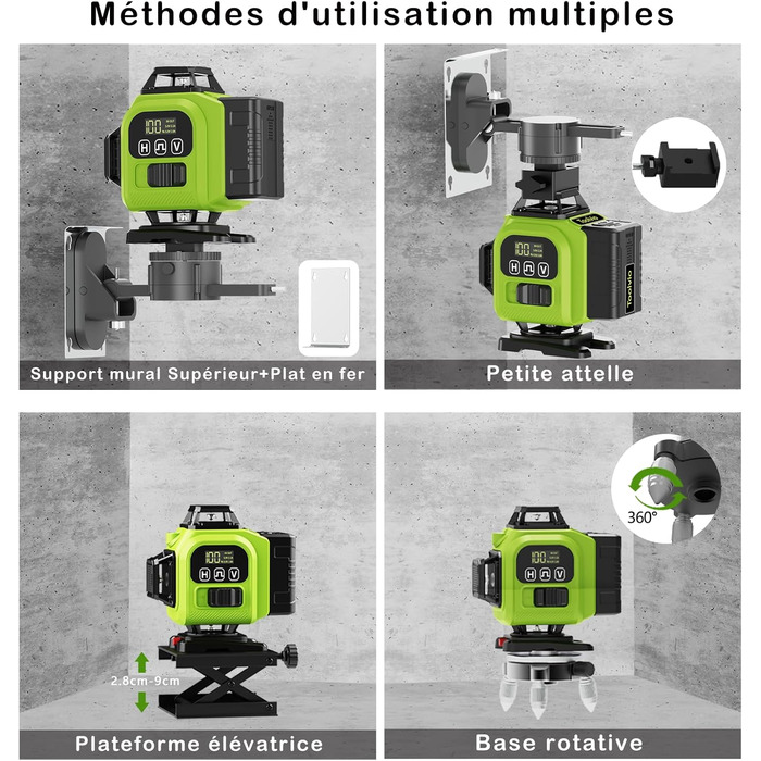 Поперечний лазерний лазер зі штативом, Toovio 4x360 Багатофункціональний зелений 16-лінійний лазерний рівень, що самовирівнюється 2x3000mAh акумулятор 30-120 см штатив TYP-C Оригінальна поворотна основа Майте на меті
