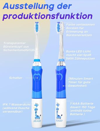 Дитяча електрична зубна щітка Seago з 8 додатковими мякими насадками для щітки та 4 індивідуальними режимами, світлодіодним підсвічуванням, інтелектуальним таймером, водонепроникність IPX7, дитяча звукова зубна щітка від 3 років, SG977 (синя)