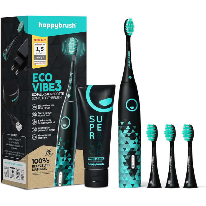 Електрична звукова зубна щітка happybrush Eco VIBE 3 - екологічна зубна щітка з батареєю на 6 тижнів, включаючи 3 щітки та зубну пасту - чорна/м'ята