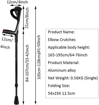 Милиці чорні, ергономічний допоміжний засіб для ходьби з алюмінію, передпліччя тисне, для дорослих для ходьби 105см/41дюйм 1 шт. чорний