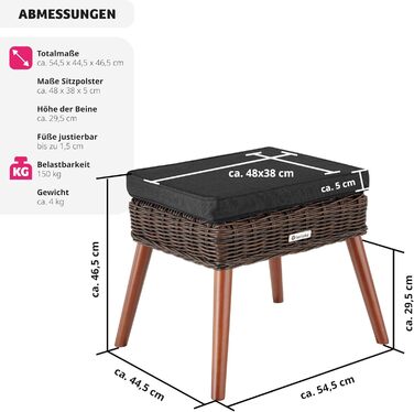 Табурет для ніг tectake Alu Poly Rattan з оббивкою, 54,5 x 44,5 x 46,5 см, вуличні меблі, лавка, підставка для ніг, табурет з чохлом, що миється, табурет до 150 кг для саду, тераси, балкона - коричневий