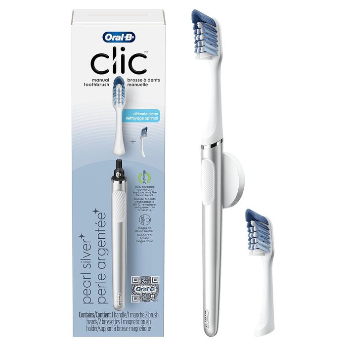 Зубна щітка Oral-B Clic, хром білий, з 1 бонусною змінною насадкою для щітки та магнітною ручкою для зубної щітки Chrome White