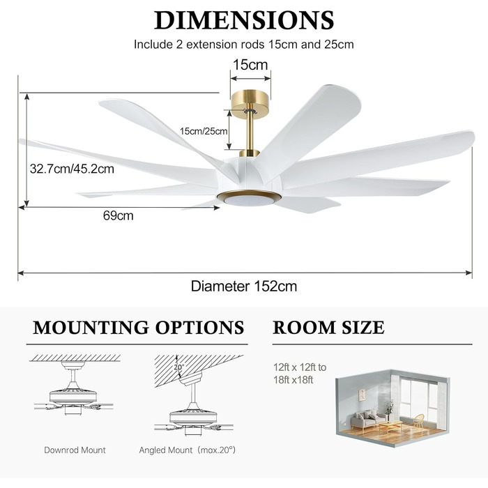Стельовий вентилятор OFANTOP білий з освітленням і пультом дистанційного керування, стельові вентилятори, 6 швидкостей, безшумний стельовий вентилятор, сумісний з Alexa/Google Home (152 см, білий і золотий)