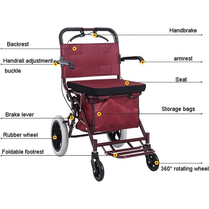 Складаний допоміжний засіб для ходьби, роллер, роллер, візок для покупок з сидінням і підставкою для ніг, для людей похилого віку