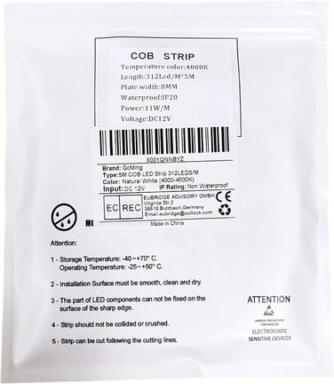 Світлодіодна стрічка GOMING 12 В 5 М COB 3000K Світлодіодна стрічка тепла біла 11 Вт / М 312 світлодіодів / м Світлодіодна стрічка Самоклеюча CRI 93 Висока яскравість Неводонепроникна світлодіодна стрічка IP20 для прикраси внутрішнього будинку (тільки стр