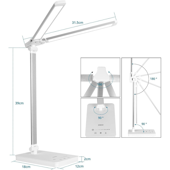 Світлодіодна настільна лампа Semlos з двома кронштейнами та USB-портами для заряджання, настільна лампа з 5 колірними режимами та 5 рівнями яскравості, сенсорна лампа керування для домашнього офісу, біла (включаючи вилку)
