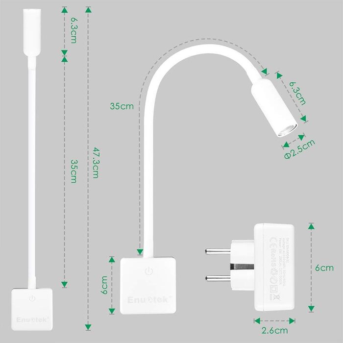 Світлодіодна розетка з можливістю затемнення Гусяча шия, приліжкова лампа Настінна сенсорна затемнена біла з вилкою та пультом дистанційного керування, 3 Вт 280 Лм нейтральне біле освітлення 4000K, 1 світлодіодна лампа та 1 пульт дистанційного керування