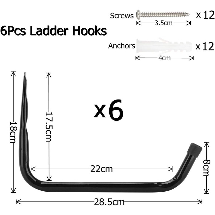 Настінний гачок Pipabiba з 6 частин Універсальний гачок для драбини, гачок для гаража 28 см, гаражний вішак і органайзер для настінного кріплення для драбини, інструментів, стільця та шланга
