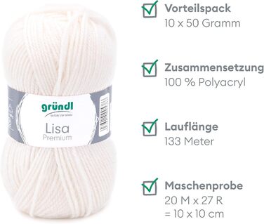 Пряжа Grndl Lisa Premium Uni Knitting & Crochet Yarn (м'яка і схожа на шерсть, проста в догляді миється трикотажна пряжа з 100 поліакрилу, 50 г/ 133 м, розмір голки 3,5 - 4,5, 10 клубків по 50 г кожен), (кремовий)