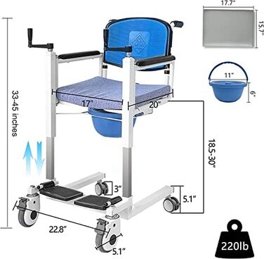 Крісло для перенесення пацієнта для дому, підйомник для інвалідного візка, крісло для душу з 2 подушками для сидіння та піддоном для ліжка, транспортне інвалідне крісло для людей похилого віку сидіння 17 дюймів