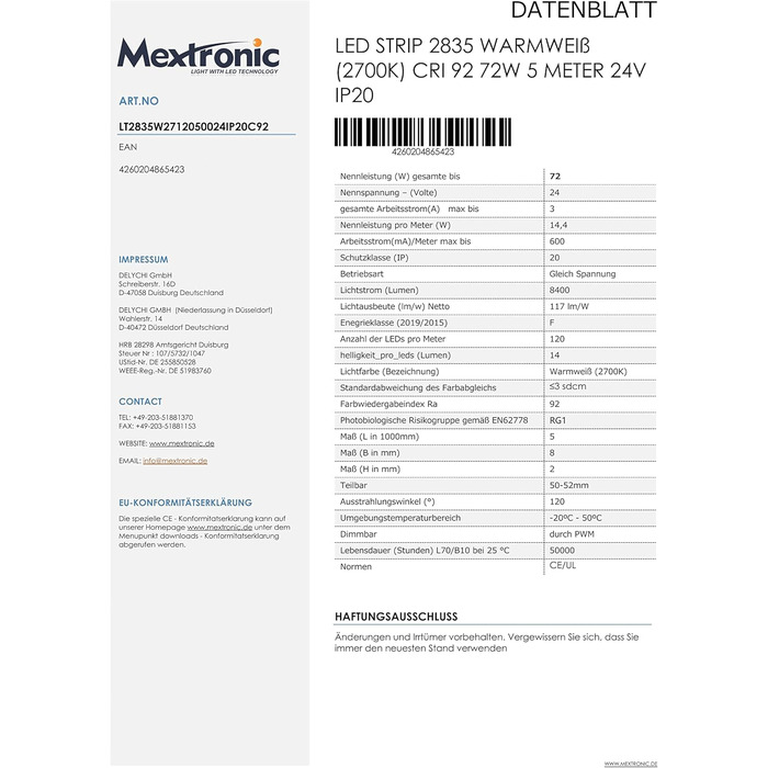 Світлодіодна стрічка Mextronic тепла біла/LED стрічка (2700k) CRI 92, 72 Вт, 5 метрів, IP20