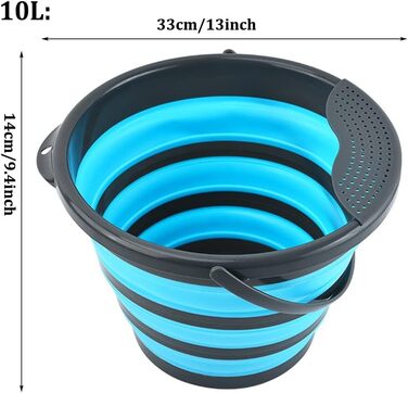 Складне відро для кемпінгу, відро для чищення з ручкою, складне силіконове відро, складний умивальник, складний умивальник зі знімним ситечком для овочів, фруктів (колір синій, розмір 10 л) 10 л / синій