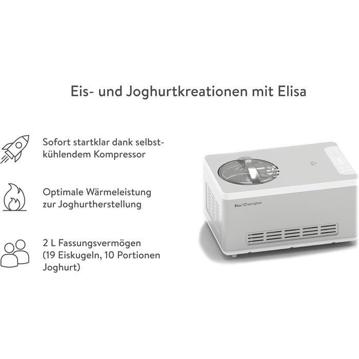 Морожениця та йогуртниця SPRINGLANE Elisa 2.0 л з самоохолоджуючим компресором 220 Вт, машина для морозива з нержавіючої сталі з функцією охолодження та нагрівання, в т.ч. буклет з рецептами Elisa Silver