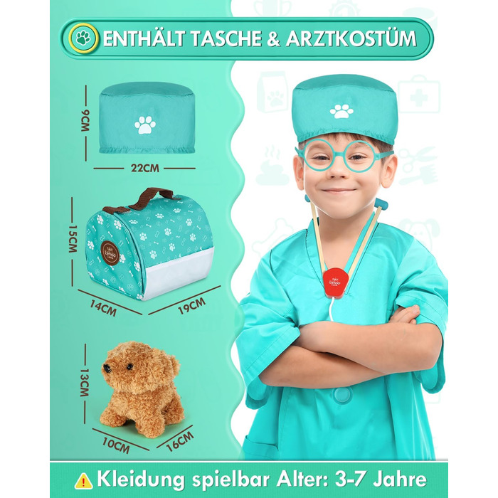 Дерев'яний кейс лікаря для дітей, кейс ветеринара для дітей, дитячий кейс лікаря з моделлю собаки, кейс лікаря для дітей з халатом лікаря, кейс лікаря для дітей від 3 років, іграшка від 3 років (зелений) хлопчик