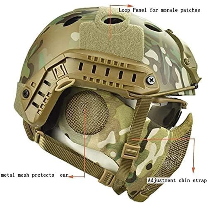 Тактичний швидкий шолом MH в поєднанні зі складною сітчастою маскою для захисту слуху та окулярами для страйкболу CS Game CP