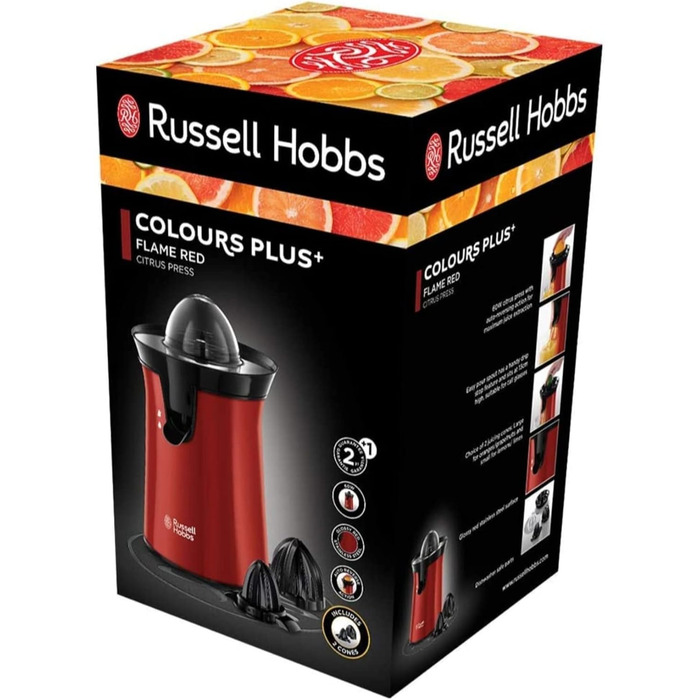 Електрична соковижималка для апельсинів і цитрусових Russell Hobbs обертається ліворуч і праворуч, 2 прес-ріжки для лимонів/апельсинів Червона (функція краплі-стоп, можна мити в посудомийній машині, без бісфенолу А) Соковижималка 26010-56