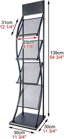 Вузький стелаж для журналів для офісу, стелаж для журналів висотою 139 см з 4 рівнями, знімний стелаж для книг і брошур для виставок в готелях