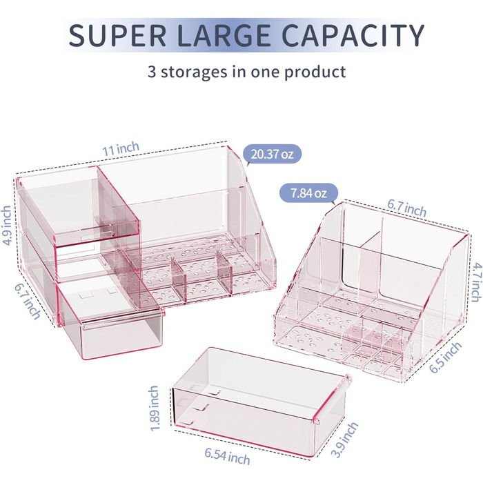 Органайзер для макіяжу, велика місткість, органайзер для макіяжу та зберігання з висувними ящиками, органайзер для макіяжу для туалетного столика, пензликів для макіяжу, лаку для нігтів та косметичних засобів (рожевий) рожевий