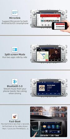 Автомобільна стереосистема YUNTX Android 12 для Ford Focus/Mondeo/S-Max/Connect (2008-2011) Радіоприймач з GPS Navi-CarPlay/Android Auto/Bluetooth 5.0/DAB/USB/WiFi/4G/Mirrorlink-Free камераCanbusMIC-2 Din IPS 7 дюймів (4G64G-сріблястий)