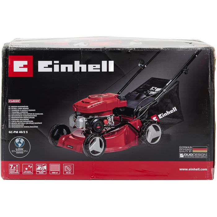 Бензинова газонокосарка Einhell GC-PM 40/2 S (2 кВт, 1-циліндровий 4-тактний двигун OHV, відключається задній привід, 7-ступінчасте центральне регулювання висоти зрізу, травозбірник на 45 л) нова модель без аксесуарів