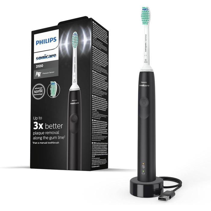 Електрична зубна щітка Philips Sonicare серії 3100 зі звуковою технологією, з датчиком тиску та індикатором заміни головки щітки, чорна (модель HX3671/14) одинарна