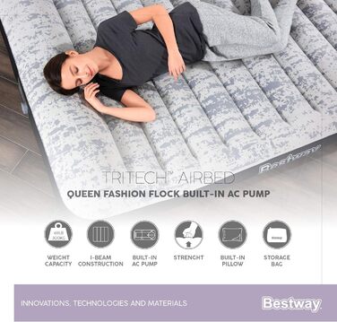 Надувне ліжко Bestway Tritech, Fashion Look, 203 x 152 x 30 см, двоспальне, з вбудованим електричним насосом