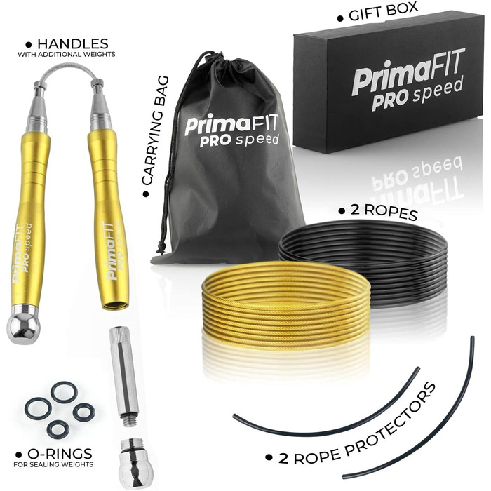 Скакалка PrimaFIT для дорослих Fitness Pro Speed Jump Rope 3 м регульована з обтяженнями, 2 кульковими підшипниками та протиковзкими ручками, професійні скіппінг для боксу, ММА, кросфіту, додаткова сталева мотузка, сумка (золотий колір)