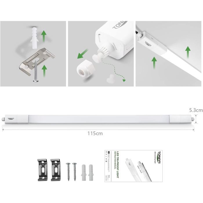 Світлодіодна вологонепроникна лампа TONFFI 115 см, світлодіодна трубка 36 Вт 4100 лм, послідовне підключення, нейтральний білий, водонепроникна вологозахищена лампа IP65 Лампа для ванни Стельовий світильник для підвальної майстерні Гараж Кухня Ванна кімна