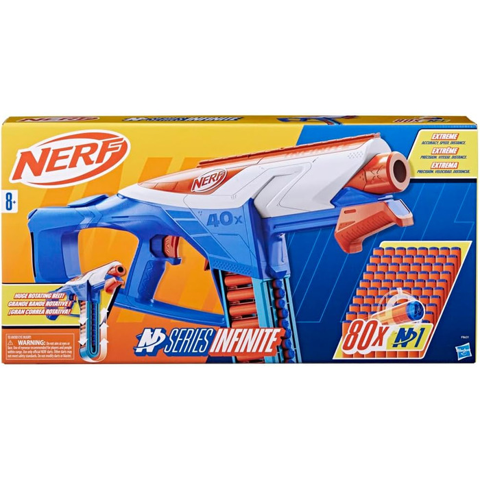 Нескінченний бластер Nerf серії N та 80 точних дротиків N1, затворна заслонка та знімний поясний магазин, бластер для просунутих гравців, хлопчиків та дівчаток