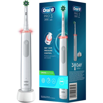 Електрична зубна щітка Oral-B PRO 3 3000 CrossAction, з 3 режимами чищення та візуальним регулюванням тиску на 360 для догляду за зубами, подарунок чоловіку/жінці, дизайн від Braun, білий