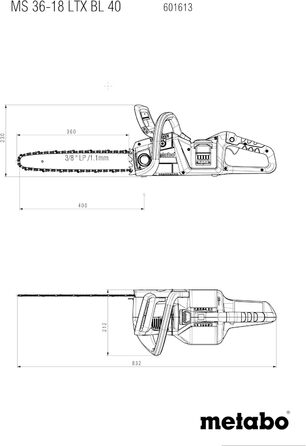 Акумуляторна ланцюгова пила Metabo MS 36-18 LTX BL 40 (18 В, довжина різання 40 см, акумуляторна ланцюгова пила, автоматичне змащення ланцюга, крок зубців 3/8')