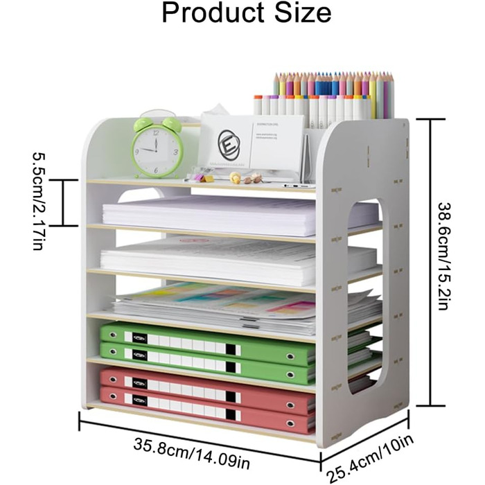 Настільний органайзер з 6 ярусами, з дерева, папір формату А4, лоток для листів, тримач для настільних файлів, сховище для документів, органайзер, з тримачами для ручок і коробкою для носовичків для дому, канцелярське приладдя (JS05-3, білий