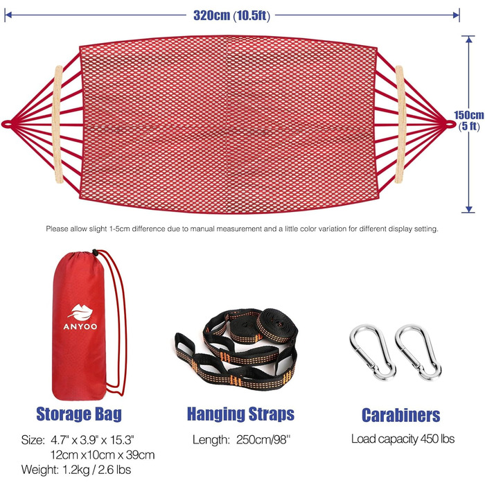 Сітка для гамака Anyoo з розкидними стрижнями, дихаючий охолоджуючий сітчастий барний гамак з ременями для дерева для відкритого/внутрішнього саду, балкона, патіо, заднього двору, кемпінгового гамака Red Rod