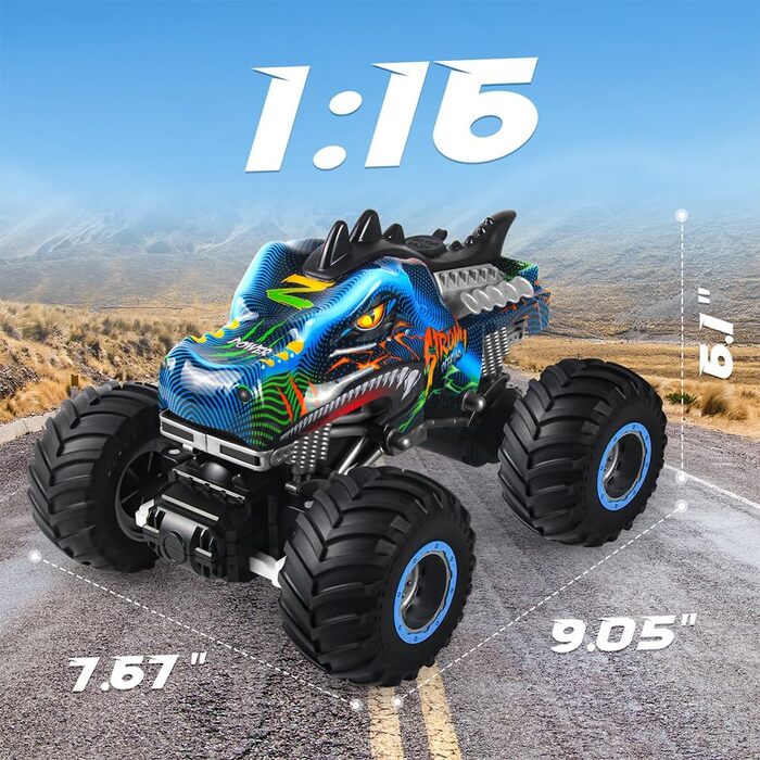 Динозавр на дистанційному управлінні 116 Масштаб RC Monster Truck з дистанційним керуванням з розпилювачем туману Музичні світлодіодні ліхтарі, 2.4 ГГц 20 км/год RC Автомобільна іграшка для дітей від 3 4 5 6 8 10 років