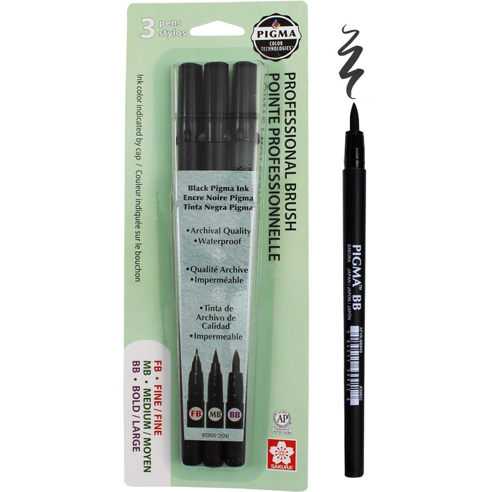 Ручка Pigma Professional Brush 3/Pkg-Fine, середня, жирна ука (3 упаковки)