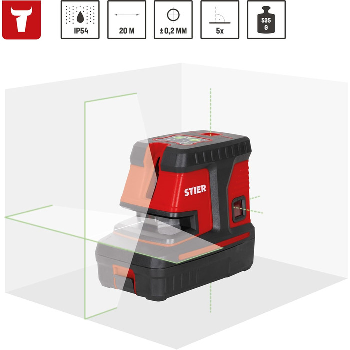Поперечний лазер STIER 150 x 130 з 5 точками схилу, зелений