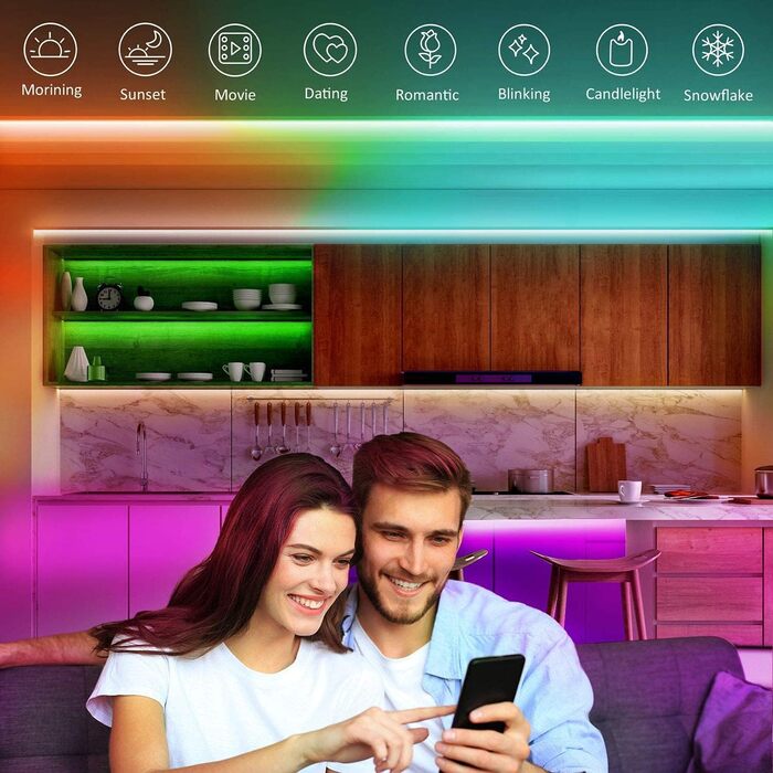 Світлодіодна стрічка Mexllex 20M (2 рулони), Bluetooth RGB світлодіодна стрічка з керуванням додатком, Світлодіодна стрічка самоклеюча синхронізація з музикою, Гнучкі світлодіодні струнні світильники для різдвяних прикрас, кухня, вечірка