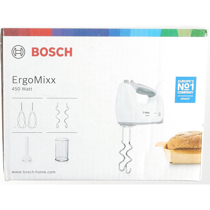 Ручний міксер Bosch ErgoMixx MFQ36440, 2 вінчика, 2 гачка для тіста з нержавіючої сталі, блендер, чашка, можна мити в посудомийній машині, 5 рівнів плюс турбошвидкість, 450 Вт, білий