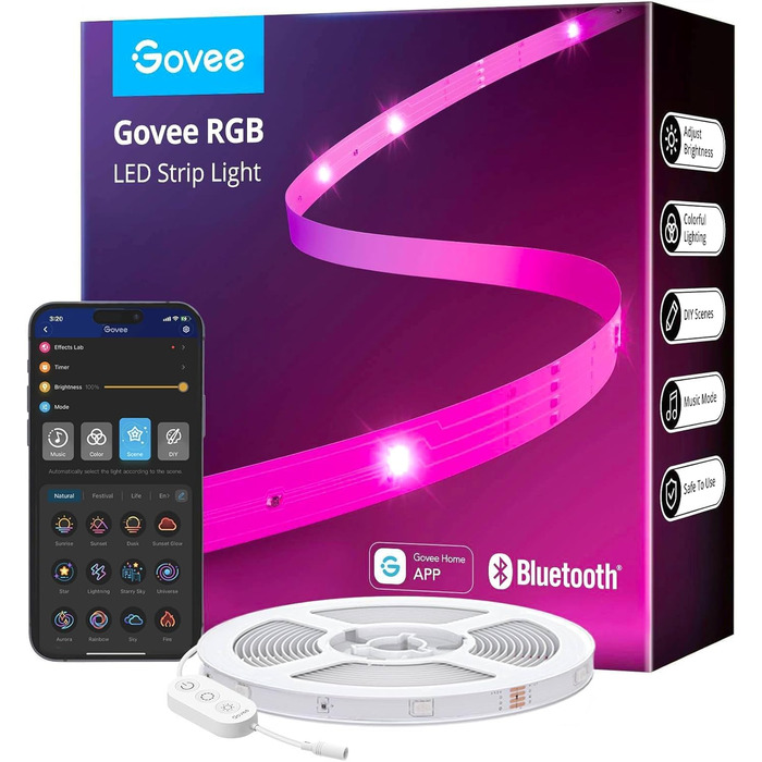 Світлодіодна стрічка Govee 30 м, світлодіодна стрічка Bluetooth RGB з керуванням програмою, зміна кольору, синхронізація музики, 64 сюжетні режими, струнні світильники для спальні, вітальні, дому, бару, вечірки, вечірки 30 м