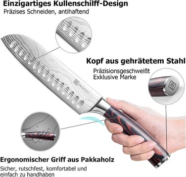 Ніж PAUDIN Сантоку, довжина леза 17 см Кухарський ніж з німецької ножової сталі, ніж для суші Кухонний ніж з ергономічною рукояткою для дому та ресторану Ніж Сантоку 17 см