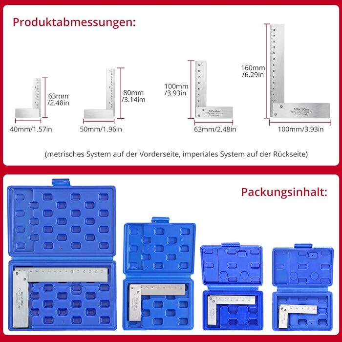 Слюсарна квадратна лінійка XUNTOP з 4-х частин на 90 градусів з метричною та дюймовою шкалою 63x40мм 80x50мм 100x63мм 160x100мм