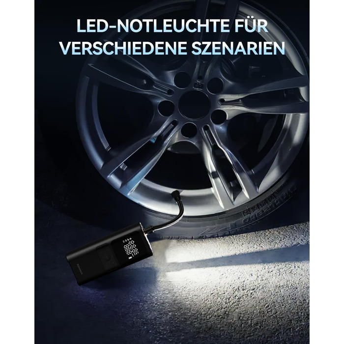 Електричний повітряний насос Rocoren Міні-акумуляторний автомобільний компресор 150PSI, велосипедний насос, кульовий насос, портативний автомобільний насос для шин з 17-циліндровим двигуном постійного струму з чистої міді, пам'ять, функція Power Bank Чорн