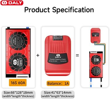 Паралельний модуль DALY BMS 1 A з вентилятором Smart BMS LiFePo4 8S 24 В 250 А та портом CAN, Bluetooth-ключем Smart BMS для літієвих акумуляторів 3,2 В, інвертором, ДБЖ та домашньою системою зберігання (Li-ion 16S 60V CAN BT, 60AParallel Module1A)