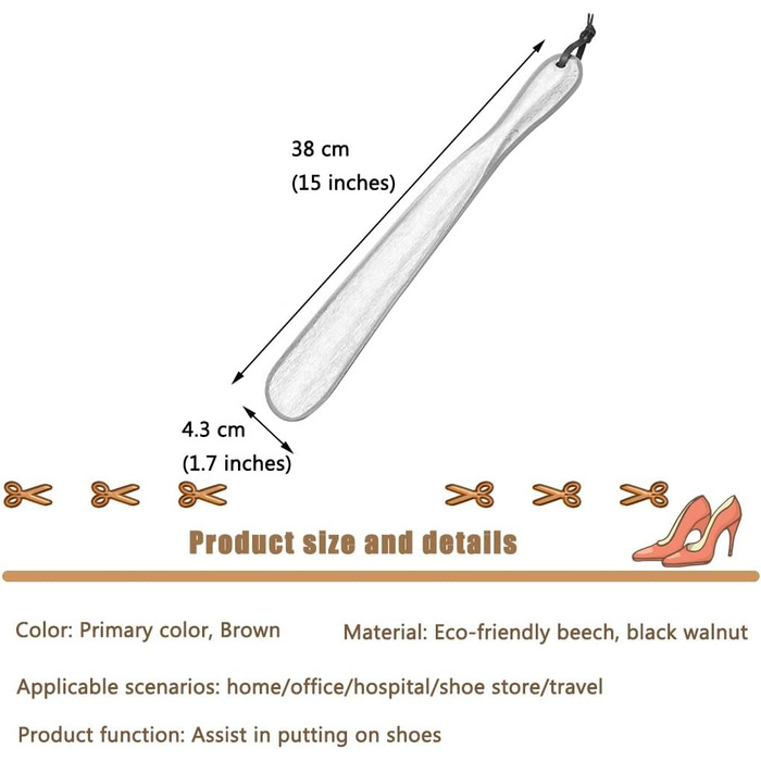 Ріжок для взуття середньої довжини для дому, полірований гладкий підйомник для взуття з бука/горіха, портативний дорожній ріжок для взуття з ремінцем для зберігання (колір коричневий*1, розмір 38*4,3 см) (колір p коричневий*1