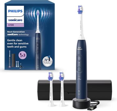 Електрична зубна щітка Philips Sonicare 6100, звукова зубна щітка з 2 режимами очищення та 3 рівнями інтенсивності, контролем тиску, EasyStart, SmarTimer і BrushPacer, дорожній футляр, темно-синій, модель HX7403/01