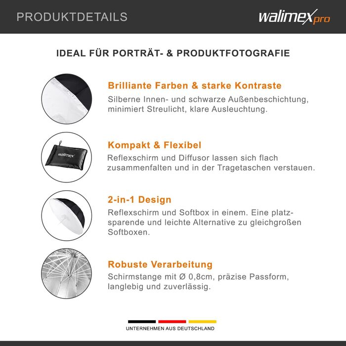 Набір парасольок Walimex Reflex Ø180 см - дизайн 2-в-1 для професійних результатів парасолька Reflex і софтбокс для парасольки в одному, компактний і універсальний для подорожей і буму, чорний комплект зі штангою