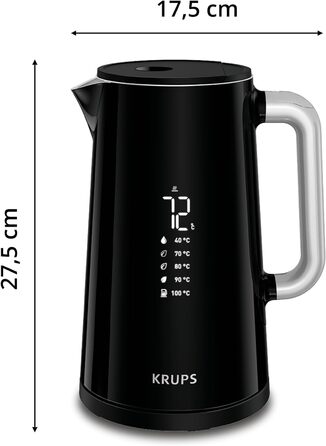 Чайник Krups Smart'n Light, 5 температур, ємність 1,7 літра, внутрішня частина з нержавіючої сталі, з подвійними стінками, чорний, BW801810 одномісний