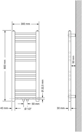 Радіатор для ванної кімнати, 300 x 800 мм, антрацит, прямий, з центральним підключенням