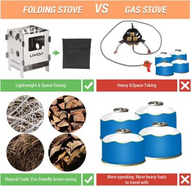 Дров'яна піч для кемпінгу Lixada з нержавіючої сталі / титану, складна портативна піч для бомжів з сумкою для зберігання, міні-карбюратор на дровах для кемпінгу на природі, походів, пікніків, барбекю тощо, 8,2 * 8,1 * 11,6 см