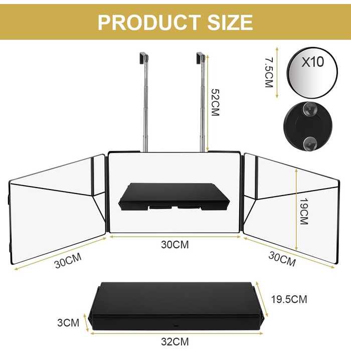 Дзеркало OSDUE 360 градусів, 3-стороннє дзеркало з гачком, складне дзеркало з 3 частин для самостійної стрижки волосся, 3-стороннє дзеркало для стрижки волосся, дзеркало для самостійної стрижки волосся, з 10-кратним збільшенням дзеркала (без світлодіода),
